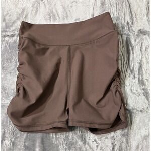 Becco Women Large Brown High Waisted Ruched Side Athletic Yoga Shorts Gym Summer
